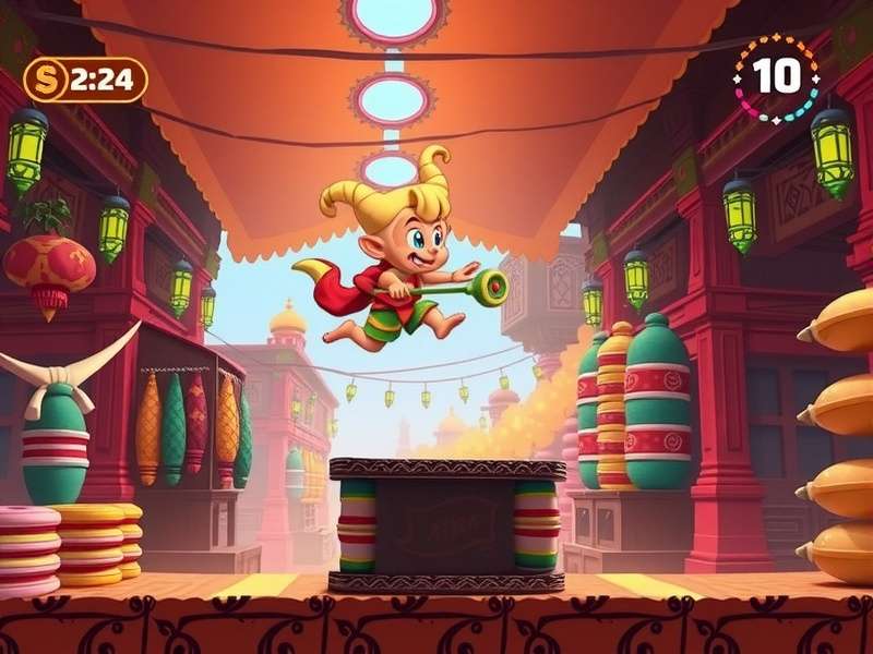 Ginger Jumpster Extraordinaire gameplay screenshot showing Ginger jumping over obstacles in a colorful Indian market